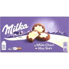 Milka White Choco Mini Stars kakaové sušenky, mléčná náplň a bílá čokoláda 150 g, hạn 5/3/2026, thùng 16ks